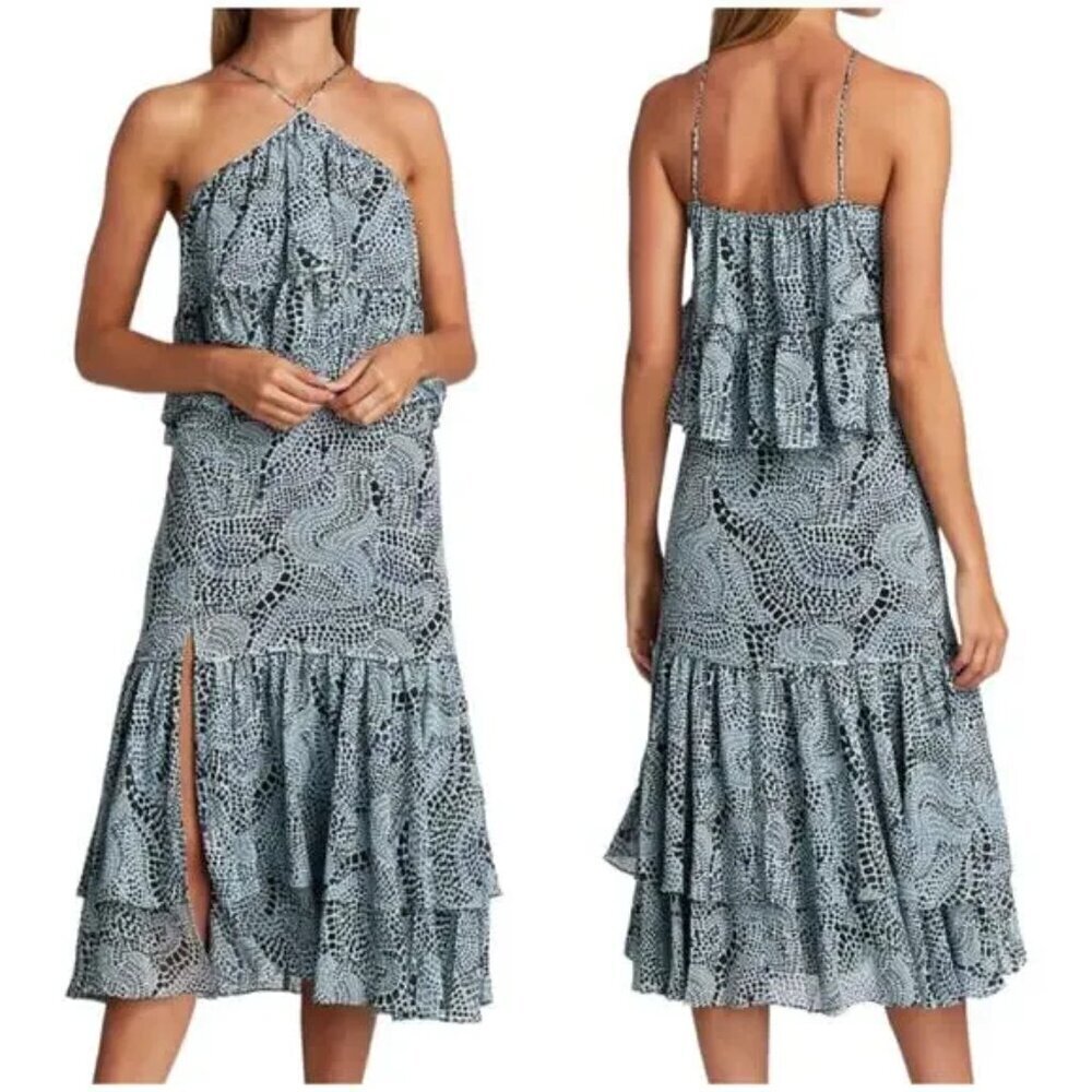 Cinq à Sept Colette Tiered Ruffle Midi Dress Size 8 Rain Cloud Blue Black Event